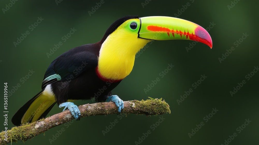 Fototapeta premium Vibrant Toucan Perched on Branch Against Soft Green Background