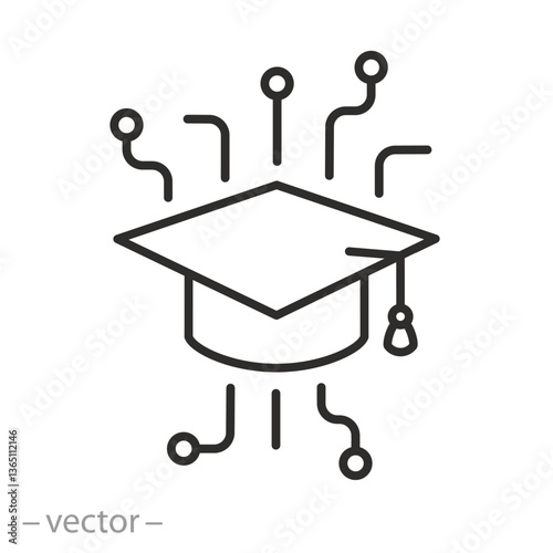 IT education icon, digital graduate hat, online training, thin line web symbol on white background - editable stroke vector illustration 