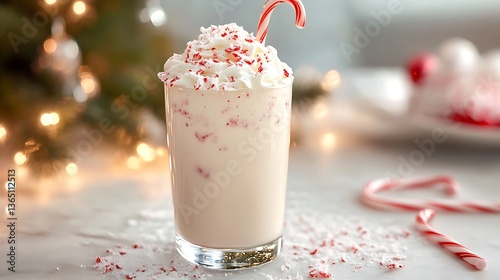 A Christmas peppermint milkshake with candy cane garnish festive rooftop cafe