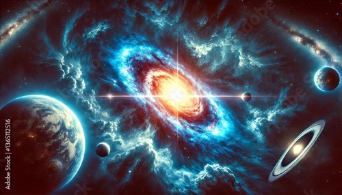 Bright galactic core with surrounding planets and stars