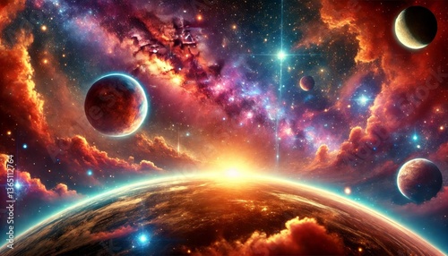 Colorful space sunrise with planets and nebula