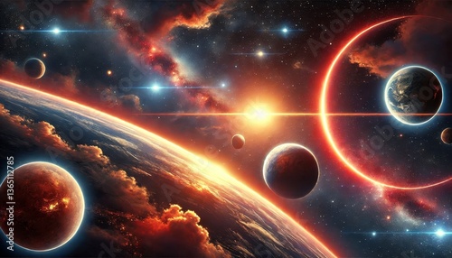 Epic cosmic sunrise with planets and galaxy
