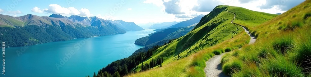 Obraz premium Lush green mountain peak with winding hiking trail overlooking Lake Wanaka, New Zealand, scenic