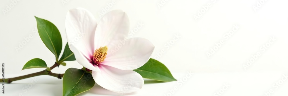 Magnolia flowers with delicate petals and vibrant green leaves isolated on a clean white background, magnolia,  nature