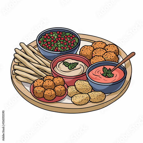 Cartoon Middle Eastern Mezze Platter with Dips and Falafel
