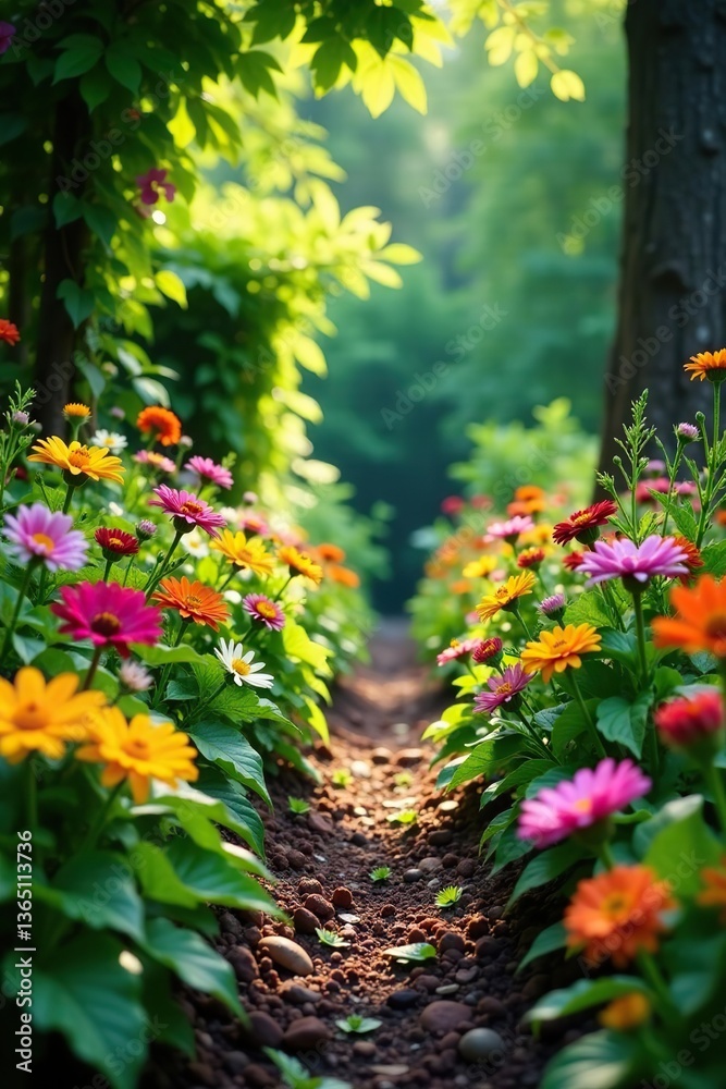 Obraz premium Lush garden filled with colorful edible flowers and medicinal plants, creating a vibrant and healing atmosphere, edible flowers, bloom