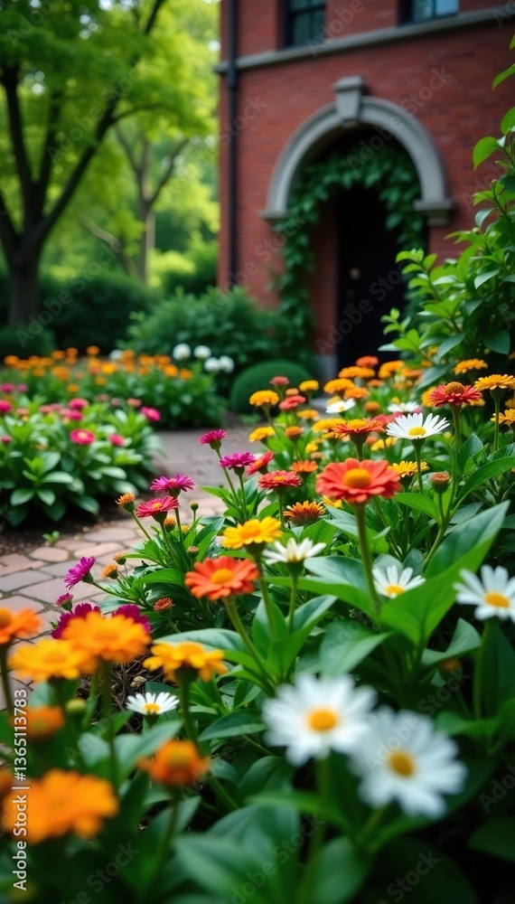 Obraz premium Lush garden filled with colorful flowers and green plants against a backdrop of a brick building, colorful flowers, environment