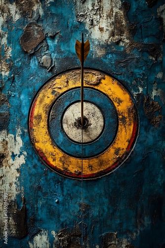 An arrow piercing the center of a weathered target board