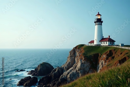 Short lighthouse on hill overlooking calm ocean,  tranquil,  beacon