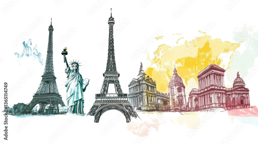Obraz premium a hand drawn collage of world landmarks isolated on white background