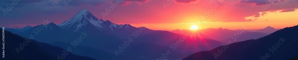 Obraz premium Mountain landscape featuring colorful sunset with silhouetted peaks and glowing sky, sunset, scenic