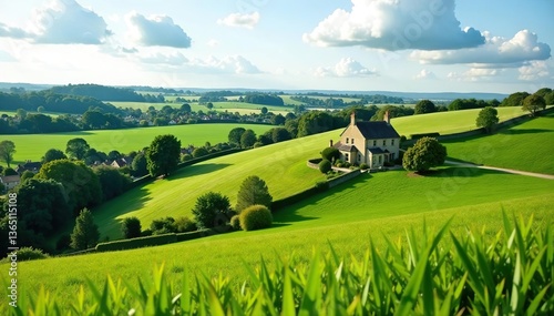 Rolling hills and lush green fields with charming stone cottages in the idyllic Cotswolds countryside,  countryside,  green