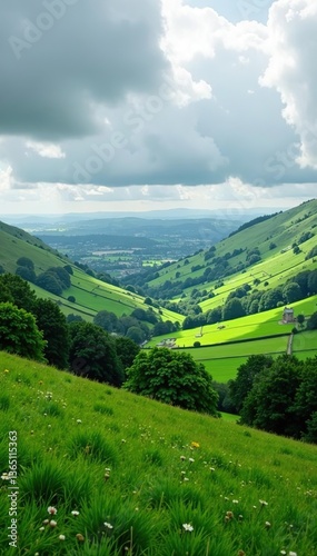 Rolling hills and lush green valleys of Yorkshire countryside under a cloudy sky,  agriculture,  cloudy sky