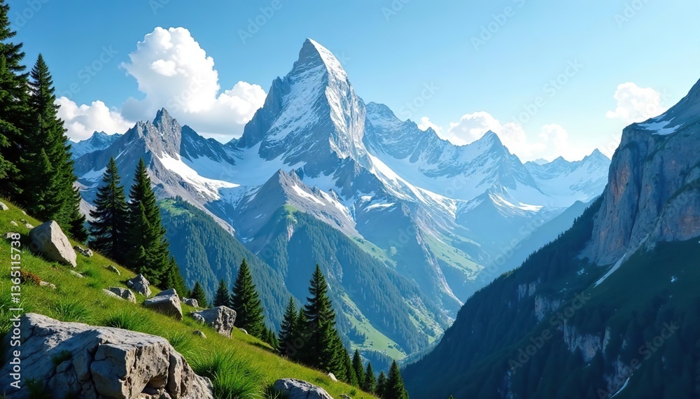 Fototapeta premium Mountain landscape with snow-capped peaks, rugged cliffs, and lush green forests, under a clear blue sky and fluffy white clouds, peaks, cliffs