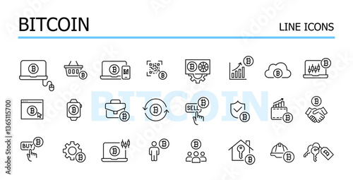 24 bitcoin and finances related vector icons. Transactions, crypto wallets, mining and investment. Digital currency for payments and transactions