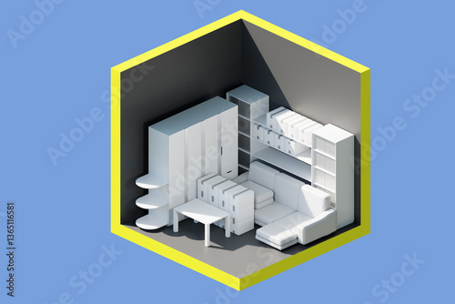 Fototapeta Naklejka Na Ścianę i Meble -  Compact storage unit filled with furniture, boxes, and shelves, arranged neatly in a small room with yellow-bordered walls and a blue background. 3d image