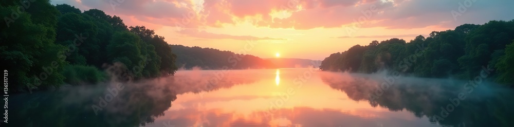 Fototapeta premium Serene river landscape at sunrise with mist rising from the water, lush green trees lining the banks, and colorful sky reflected in the calm water, trees, sky