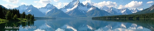 Majestic Grand Tetons towering over calm lake with perfect reflection of mountains and sky,  USA,  scenic