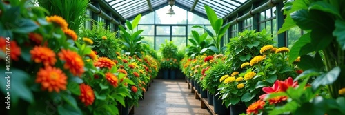 Lush greenery in a vibrant greenhouse bursting with colorful flowers and plants,  nursery,  vibrant