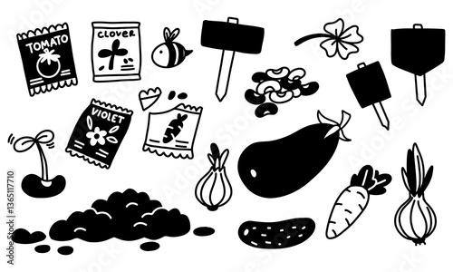 set of seeds, vegetables, sprout, bee, earth, seedlings. Isolated illustration on white. Monochrome illustration in the form of flat doodles. a set of garden vegetable plants. Planting, plants, seeds.