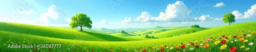 Rolling hills stretch out endlessly under a clear blue sky, dotted with vibrant green trees and colorful wildflowers,  rural, countryside