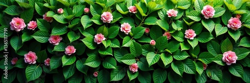 Lush greenery wall covered in delicate pink flowers against a nature background, lush,  greenery