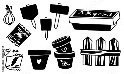 set of garden tools and a sprout, vegetables, a fence highlighted on a white. Flat doodle monochrome illustration. set of tools for transplanting house plants. large set of garden elements and tools.