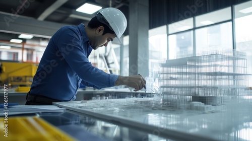 A civil engineer designing earthquake resistant buildings using advanced materials, construction site with building models, structural materials