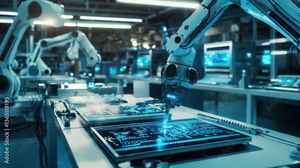 A clean and futuristic electronics lab with robotic arms assembling advanced circuit boards, glowing neon-blue interfaces monitoring the process, High-tech style A clean and futuristic electronics lab with robotic arms assembling advanced circuit boards, glowing neon-blue interfaces monitoring the process, High-tech style