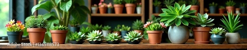 Lush green succulents and colorful blooming flowers displayed on wooden shelves at a plant shop,  potted plants,  foliage