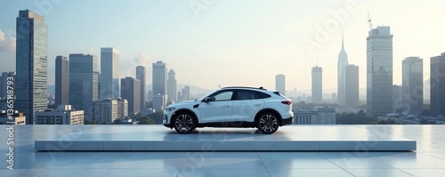 Minimalist urban platform with modern cityscape background for showcasing vehicles Ideal for automotive marketing,  vehicles,  cityscape
