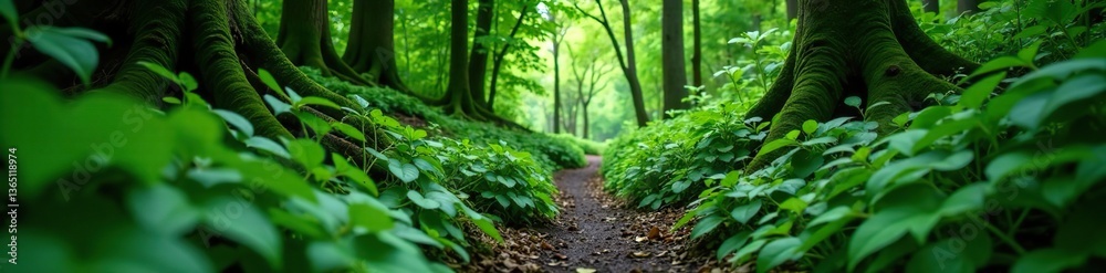 Fototapeta premium Lush green foliage of native New Zealand wild plants in a dense forest setting, lush, growth