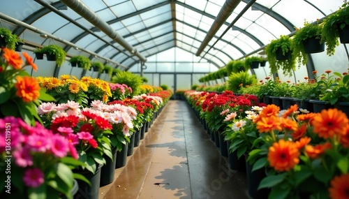 Large greenhouse filled with colorful flowers and plants for sale,  seasonal,  beauty