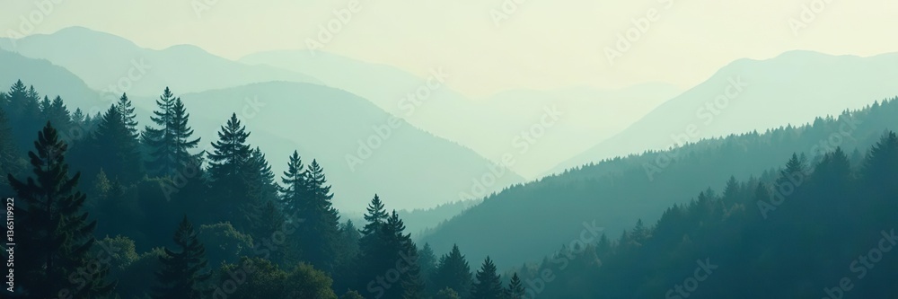Obraz premium Misty landscape featuring fir forest in hipster vintage retro style, tranquil, atmospheric