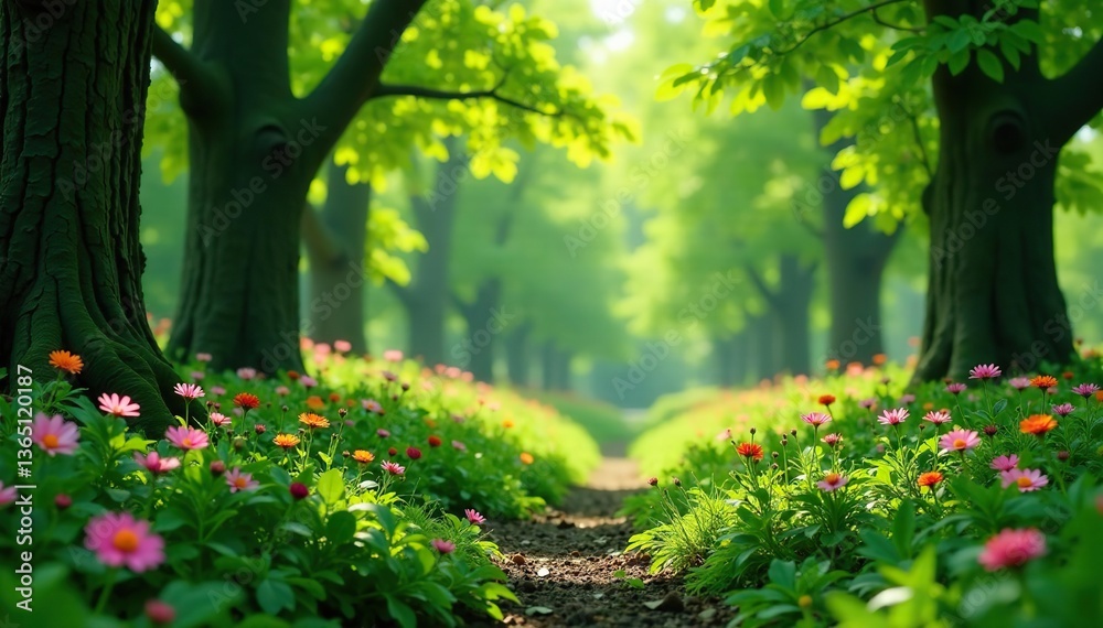 Fototapeta premium Lush green forest with blooming flowers and vibrant foliage in spring, trees, nature