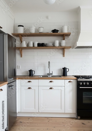 白と木目のシンプルキッチン 穏やかな光が差し込む清潔感