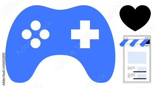 Blue game controller, app store interface, and black heart. Ideal for gaming culture, digital entertainment, mobile apps, development, e-commerce gaming passion connection. Flat simple metaphor