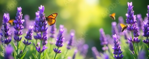 Lavender plants in full bloom surrounded by colorful butterflies and busy bees in a charming cottage garden,  cottage garden,  garden design