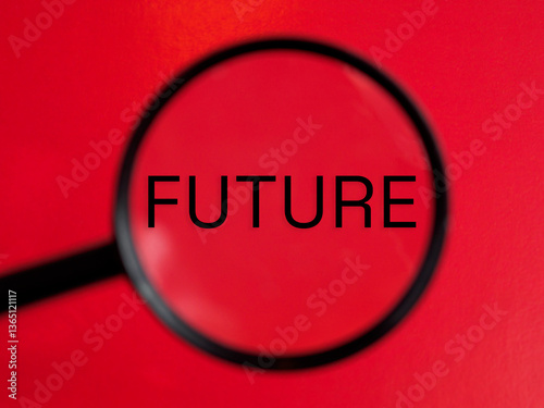 future text through magnifying glass red background