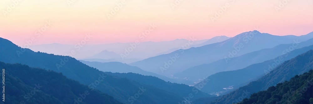 Fototapeta premium Layered mountain landscape with soft pastel hues, layers of mountains, tranquil scenery, majestic, hues