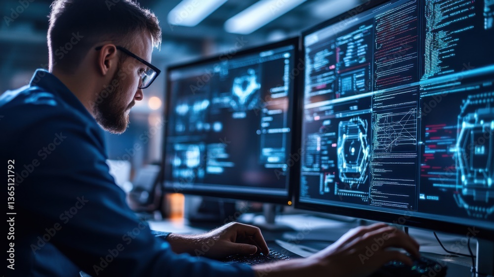 A cybersecurity analyst developing AI driven malware detection systems, tech office with security software, network data