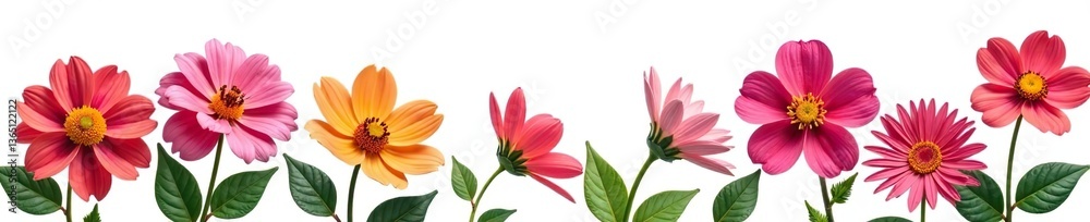 Fototapeta premium Set of vibrant flowers on white background for banner design, nature, banner design