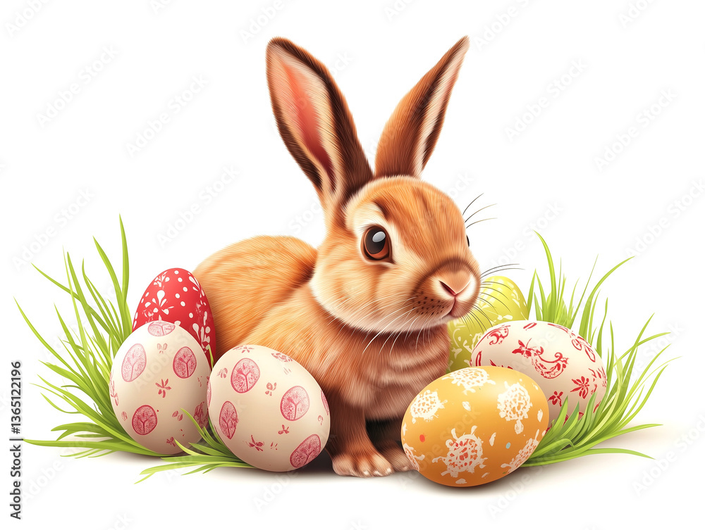 Easter bunny and colorful Easter eggs isolated on white, illustration generated ai Easter bunny and colorful Easter eggs isolated on white, illustration generated ai