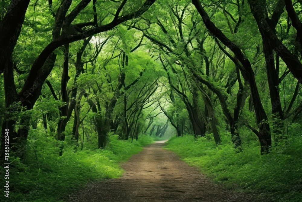 Fototapeta premium A forest path leading through big tall trees woodland nature green.