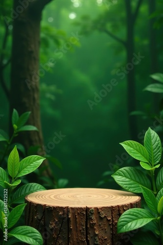 Natural wooden podium with lush green leaves as a tropical forest background,  podium,  display