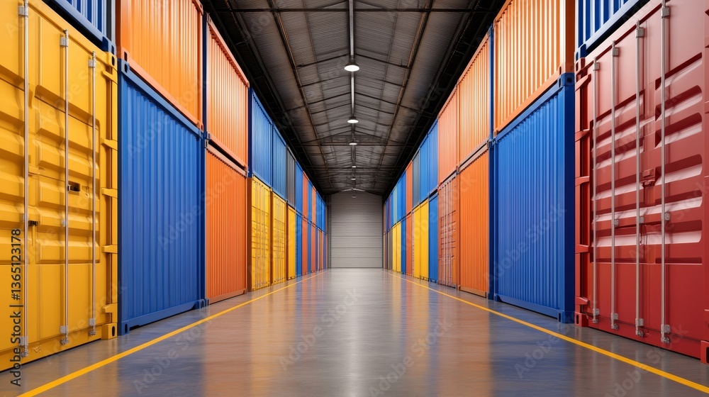 Fototapeta premium Colorful shipping container corridor in a warehouse with bright walls and clean flooring