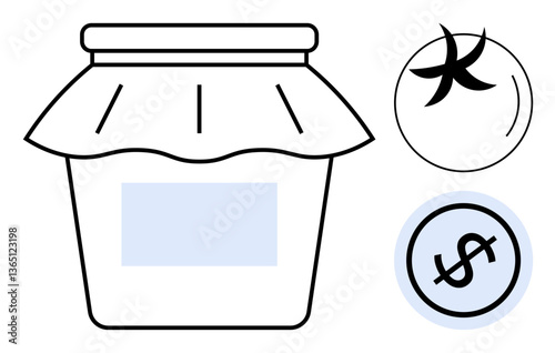 Jar covered with fabric lid, a Pisces zodiac sign, and dollar sign in simple design. Ideal for savings, finances, astrology, horoscopes, budgeting, investments thrift flat simple metaphor