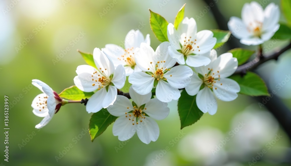 Fototapeta premium Pale gum blossom flowers in full bloom surrounded by fresh green leaves on tree, branch, Pale gum