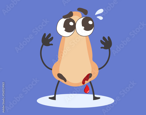 Expressive cartoon illustration of an anthropomorphized nose character experiencing a nosebleed. Fun drawing for medical designs representing nasal health, allergies, dry air, colds