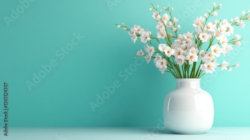 White flowers in a vase against a teal wall